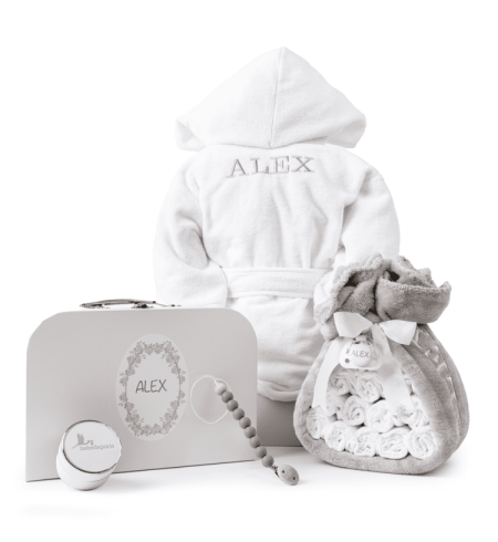 Diaper cake with bathrobe, suitcase and pacifier with pacifier clip