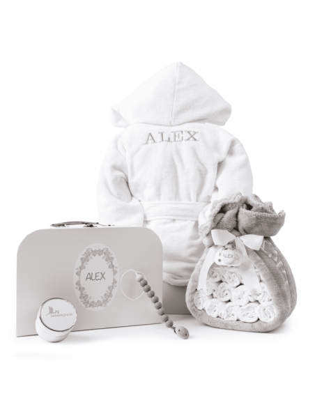 Diaper cake with bathrobe, suitcase and pacifier with pacifier clip