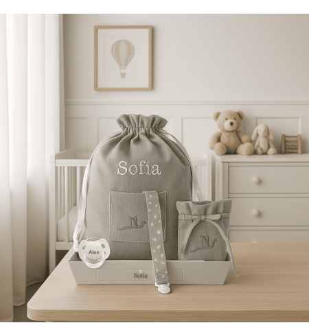 Pack of personalised dummy clip case and nursery bag