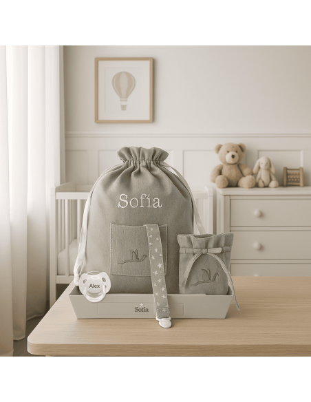 Pack of personalised dummy clip case and nursery bag