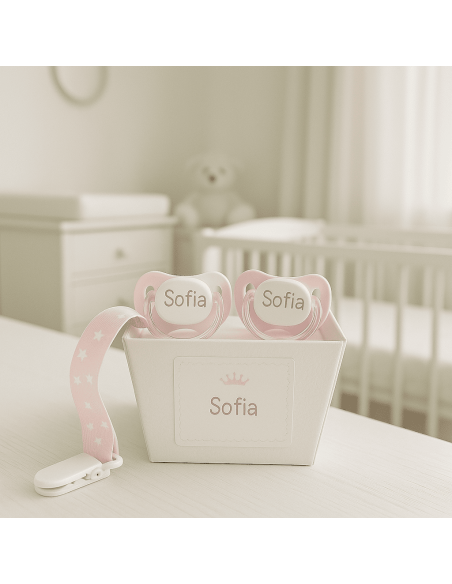 Pack of two personalised dummies with dummy clip