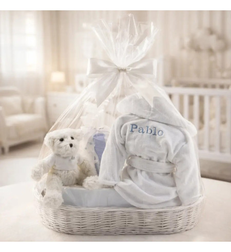 Embroidered Bathrobe, Muslin & Teddy Bear Set | Personalized Newborn Gift