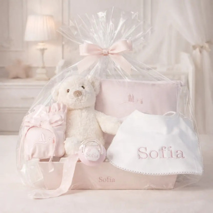 Newborn Basket with Personalized Pacifier and Bib | Baby Essentials Gift Set