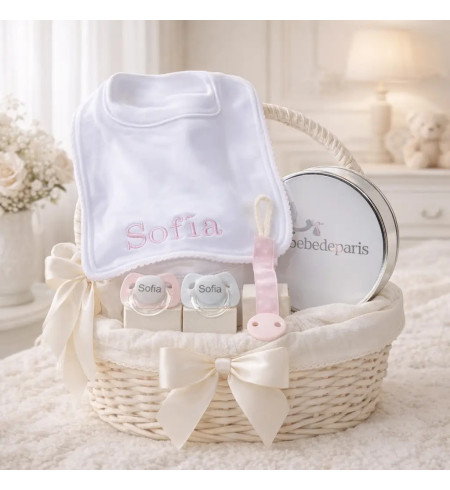 Set of Two Personalized Pacifiers, Pacifier Clip and Bib | Baby Gift Set