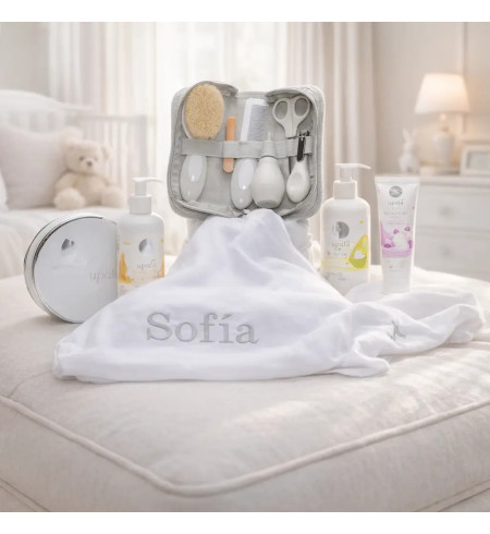 Cosmetic Set and Personalized Muslin Cloth | Elegant Newborn Gift