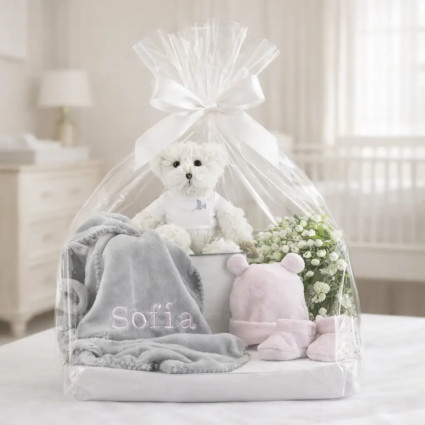 Baby Hamper with Embroidered Blanket & Teddy Bear | Elegant Newborn Gift Set