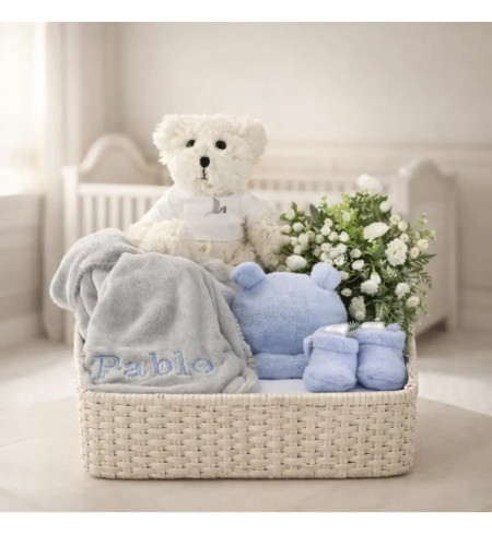 Baby Hamper with Embroidered Blanket & Teddy Bear | Elegant Newborn Gift Set