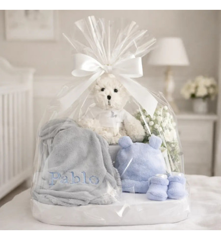 Baby Hamper with Embroidered Blanket & Teddy Bear | Elegant Newborn Gift Set