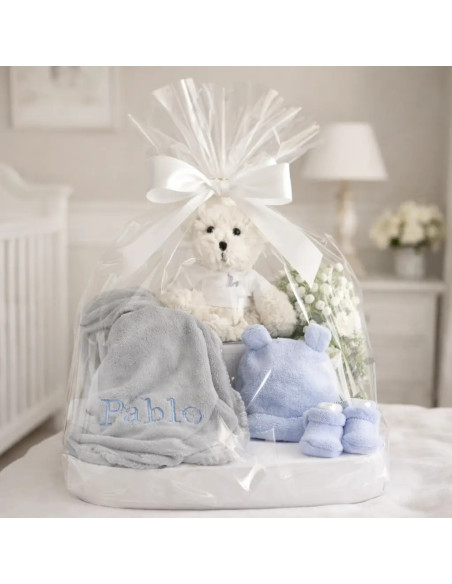 Baby Hamper with Embroidered Blanket & Teddy Bear | Elegant Newborn Gift Set