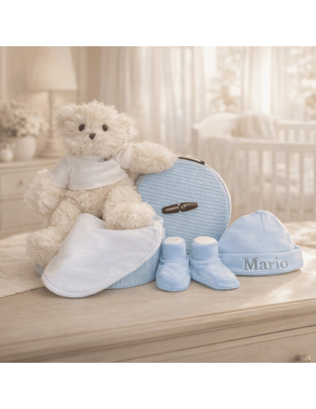 Baby Gift Set: Booties, Mittens & Hat + Plush Toy in Vintage Box