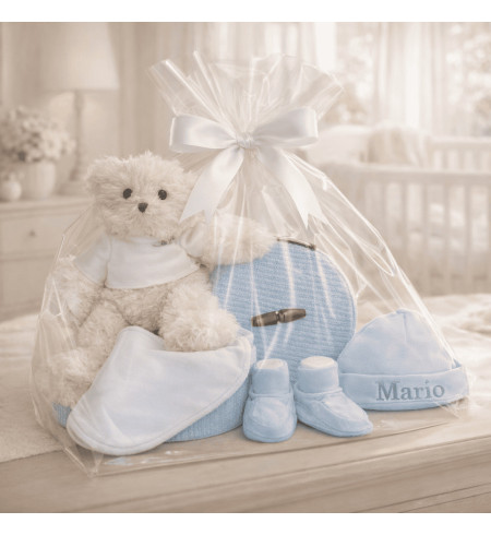 Baby Gift Set: Booties, Mittens & Hat + Plush Toy in Vintage Box
