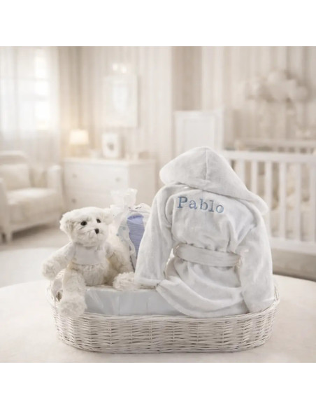 Embroidered Bathrobe, Muslin & Teddy Bear Set | Personalized Newborn Gift
