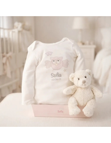 Teddy bear and personalised bodysuit with baby’s name