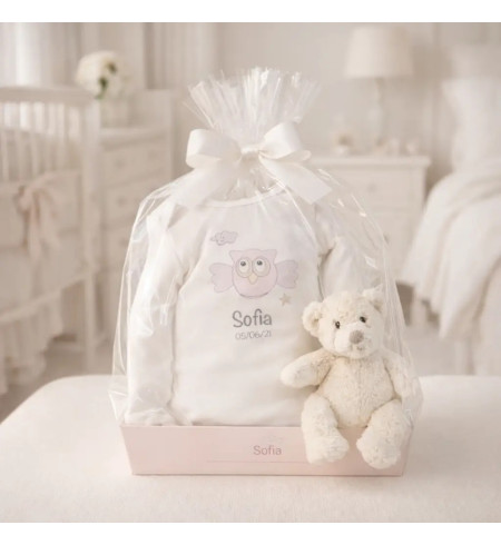 Teddy bear and personalised bodysuit with baby’s name