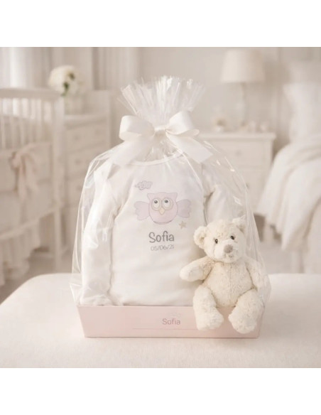 Teddy bear and personalised bodysuit with baby’s name