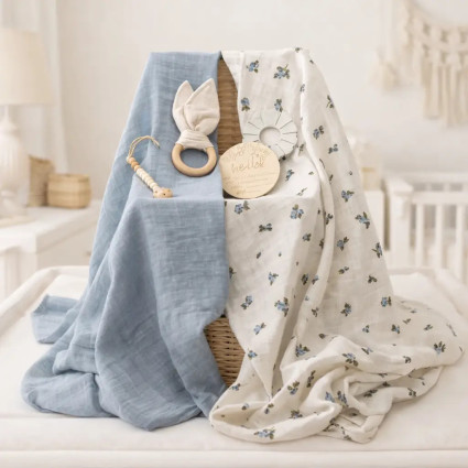 Eco-Friendly Baby Gift: 2 Organic Muslin Cloths, Teether and Blue Pacifier Clip