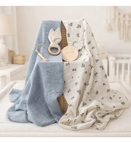 Eco-Friendly Baby Gift: 2 Organic Muslin Cloths, Teether and Blue Pacifier Clip