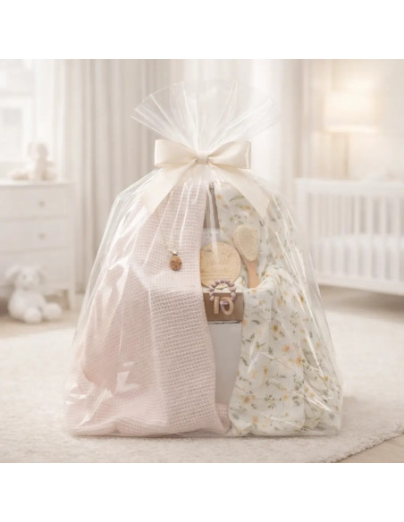 Sustainable baby gift: 2 muslin cloths, teether and pink pacifier clip