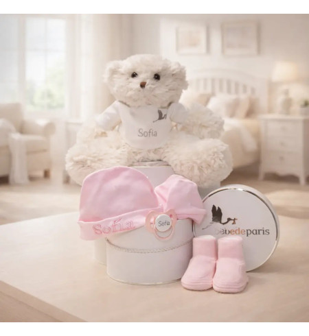 Personalized Set: Hat, Mittens, Booties & Named Pacifier + Teddy Bear | Newborn Gift
