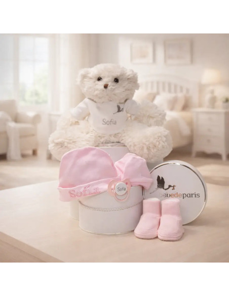 Personalized Set: Hat, Mittens, Booties & Named Pacifier + Teddy Bear | Newborn Gift