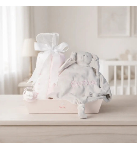 Muslin, Doudou & Personalized Pacifier Set | Newborn Baby Gift