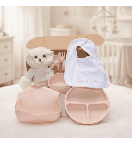 Silicone Tableware, Embroidered Bib & Personalized Teddy Bear | Baby Gift Set