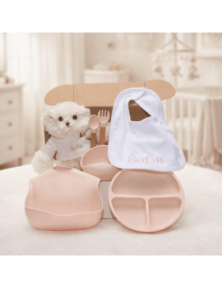 Silicone Tableware, Embroidered Bib & Personalized Teddy Bear | Baby Gift Set