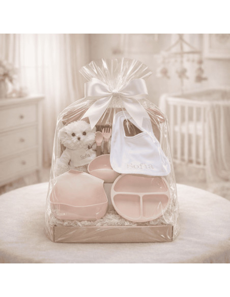 Silicone Tableware, Embroidered Bib & Personalized Teddy Bear | Baby Gift Set