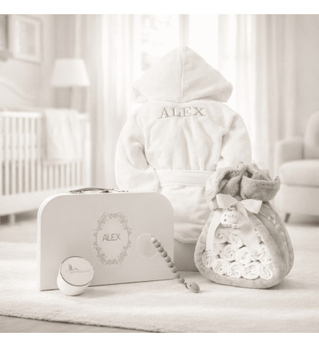 Diaper Cake with Baby Bathrobe, Keepsake Suitcase & Pacifier Clip | Newborn Gift Set