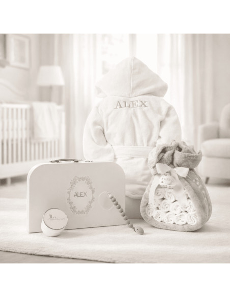 Diaper Cake with Baby Bathrobe, Keepsake Suitcase & Pacifier Clip | Newborn Gift Set