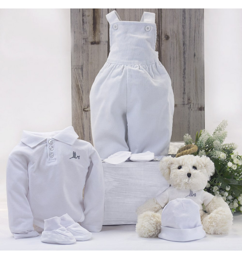 Newborn Baby Hamper & Baby Gift Baskets Polo shirt and dungarees baby outfit with teddy bear