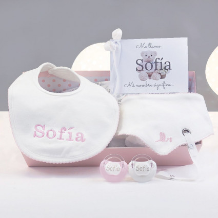 Newborn Baby Hamper & Baby Gift Baskets Personalised bibs and dummies gift set pink