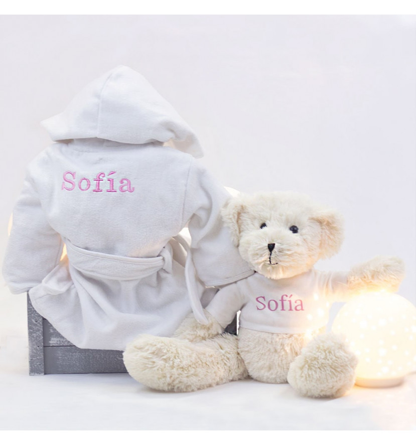 Newborn Baby Hamper & Baby Gift Baskets Embroidered dressing gown and teddy bear set
