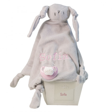 Create your own baby hamper Comforter and personalised dummy with baby’s name pink