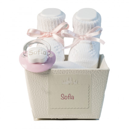 Personalised Baby Gifts  Pack of bootees and personalised dummy with baby’s name pink