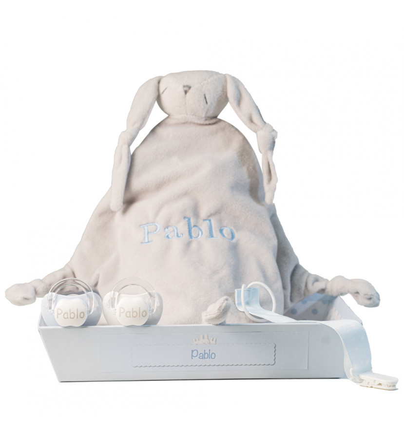 Personalised Baby Gifts  Pack of comforter 2 personalised dummies and dummy clip