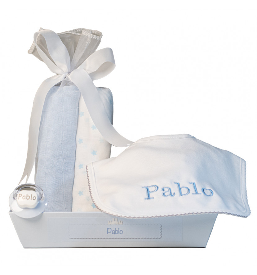 A good gift Muslin bib and personalised dummies blue