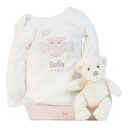 Best Baby Shower Gifts Online Store| BebedeParis  Teddy bear and personalised bodysuit with baby’s name pink