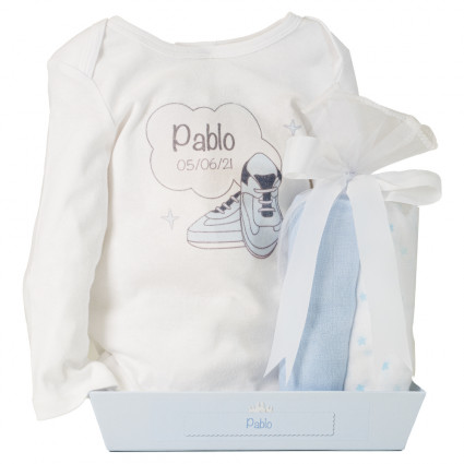 Get along Muslin cloths and personalised bodysuit set blue