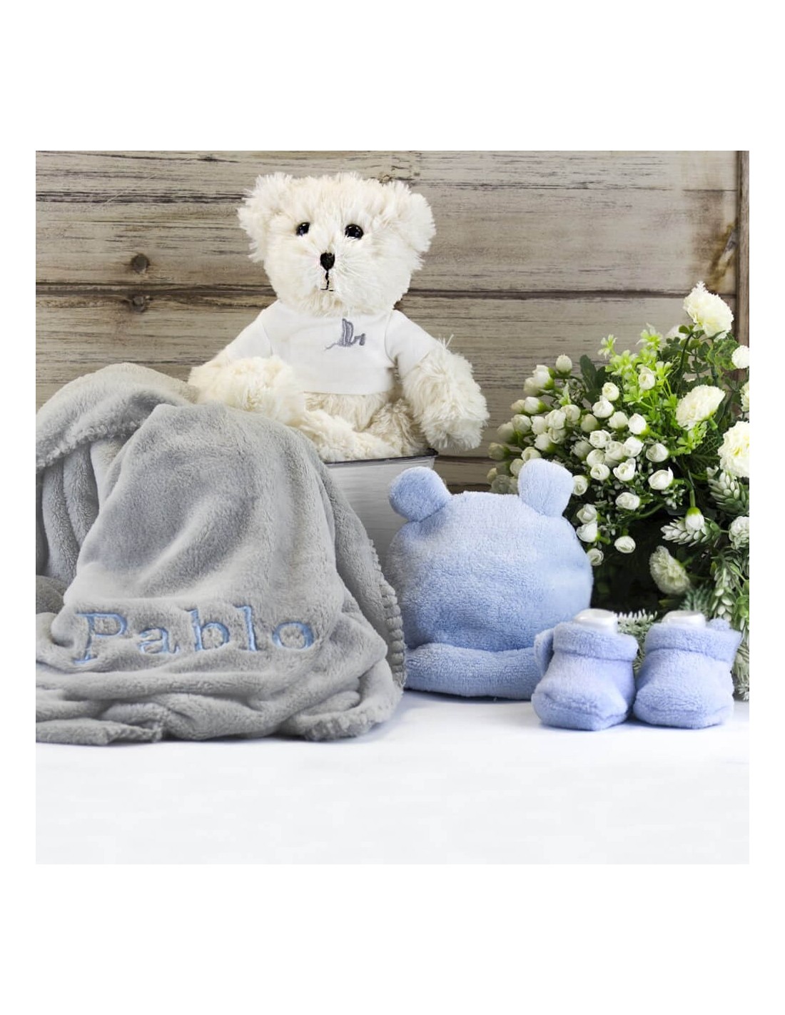 Baby Hamper with Embroidered Blanket & Teddy Bear | Elegant Newborn ...